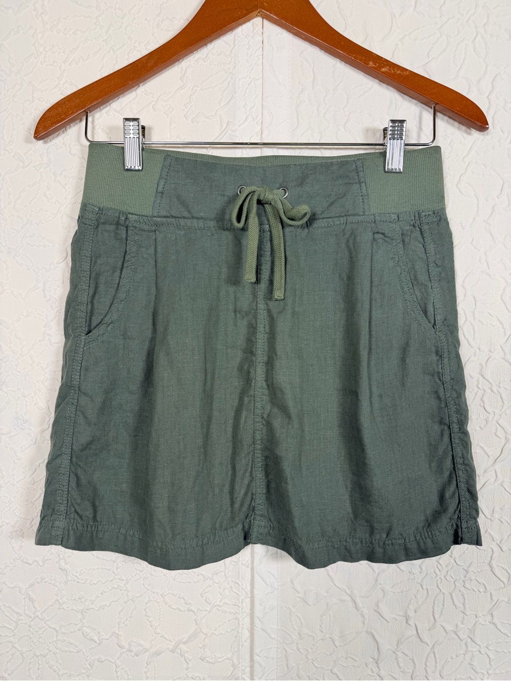 Athleta Seline Linen Mini Skirt Olive Green Drawstring Pockets Size 2 - Picture 3 of 10